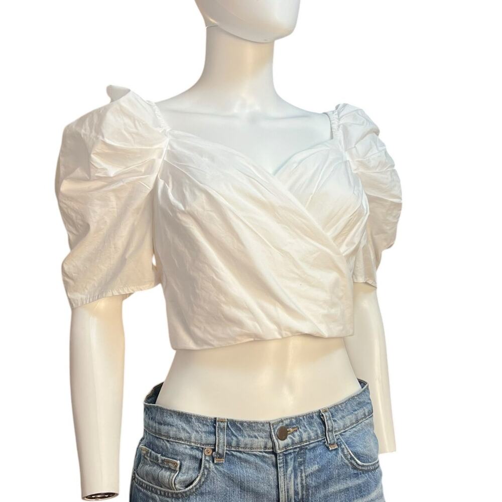 Cara Cara White Cotton Poplin Puff Sleeve Crossover Front Crop Top Size S